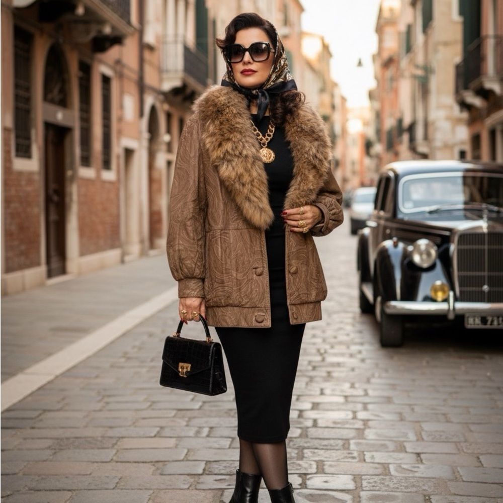 J Percy for Marvin Richards  Brown Fur-Trimmed  Coat
